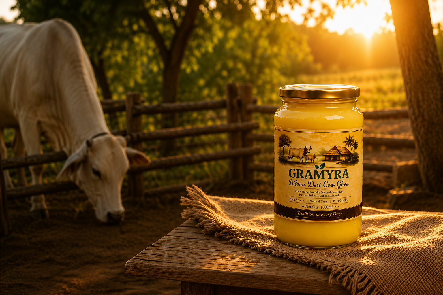 Gramyra Bilona Cow Ghee jar at golden hour in an Indian village setting