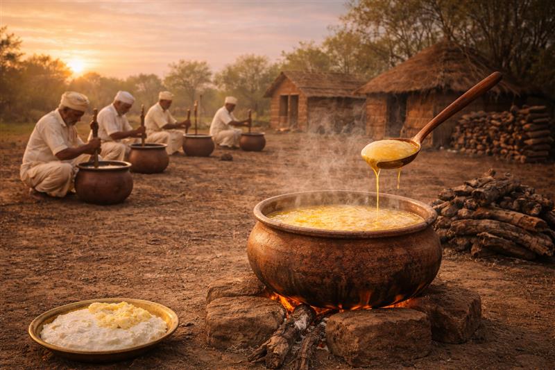 Small-batch ghee making process illustration